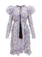 Matchesfashion.com Giambattista Valli - Watercolour Print Puff Sleeve Silk Mini Dress - Womens - Blue Multi