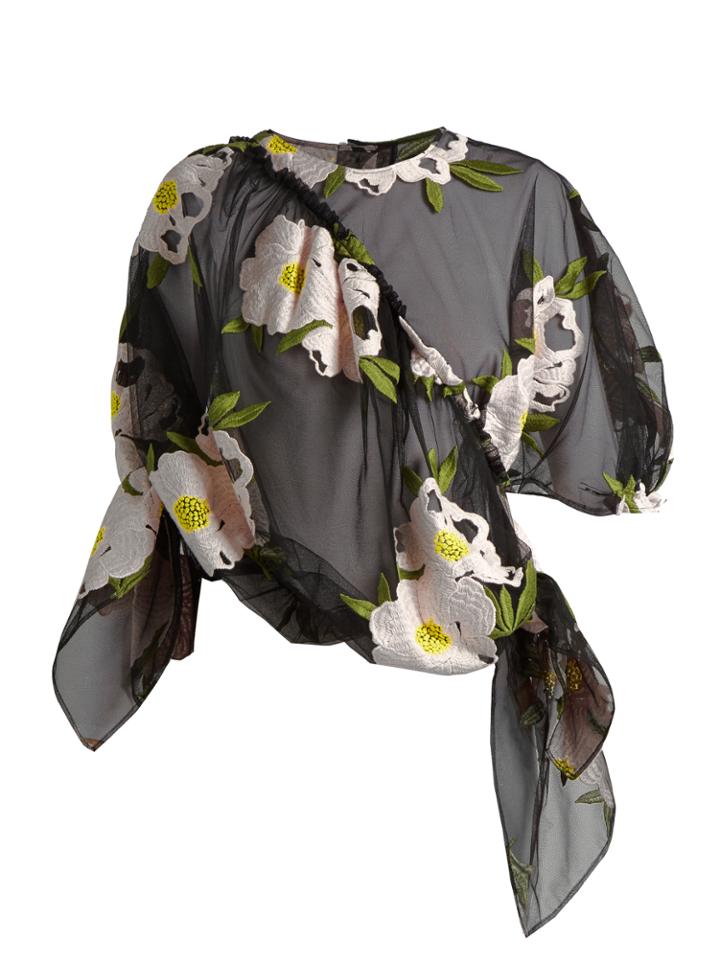 Simone Rocha Peony-embroidered Draped Tulle Top