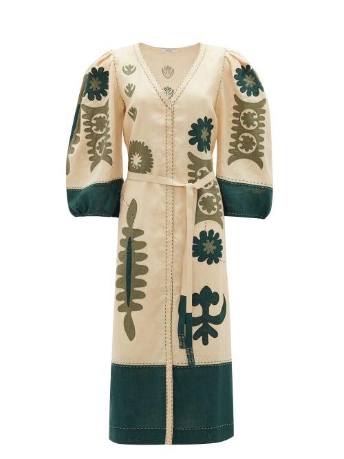 Matchesfashion.com Vita Kin - Muscat Embroidered Balloon-sleeve Linen Dress - Womens - Green White