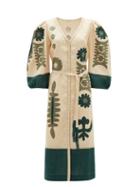 Matchesfashion.com Vita Kin - Muscat Embroidered Balloon-sleeve Linen Dress - Womens - Green White