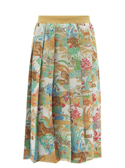 Gucci - Metallic Tiger-jacquard Pleated Skirt - Womens - Green Multi