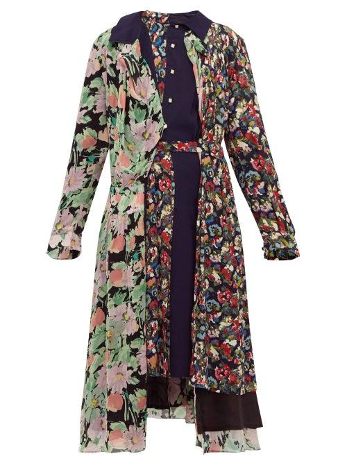 Matchesfashion.com Junya Watanabe - Belted Floral Print Crepe Midi Dress - Womens - Navy Multi