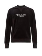 Matchesfashion.com Balmain - Logo Print Cotton Blend Velvet Sweatshirt - Mens - Black
