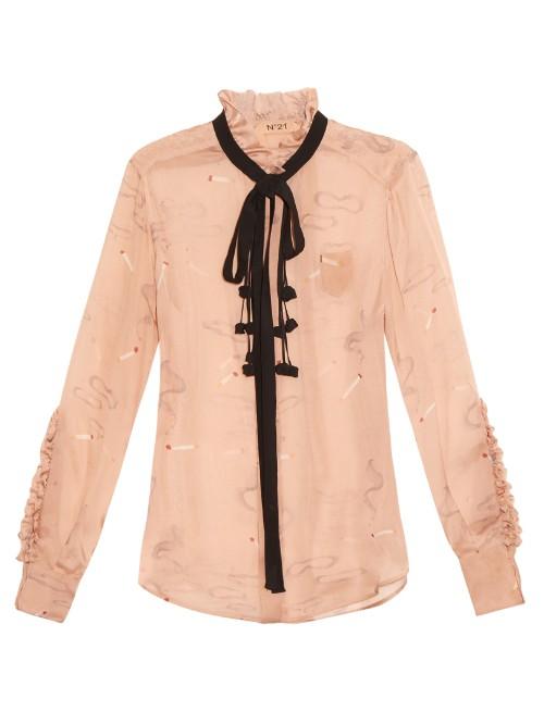 No. 21 Cigarette-print Silk-chiffon Shirt