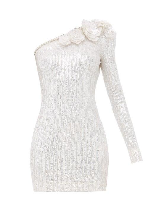 Matchesfashion.com Balmain - Sequinned One Shoulder Mini Dress - Womens - White Silver