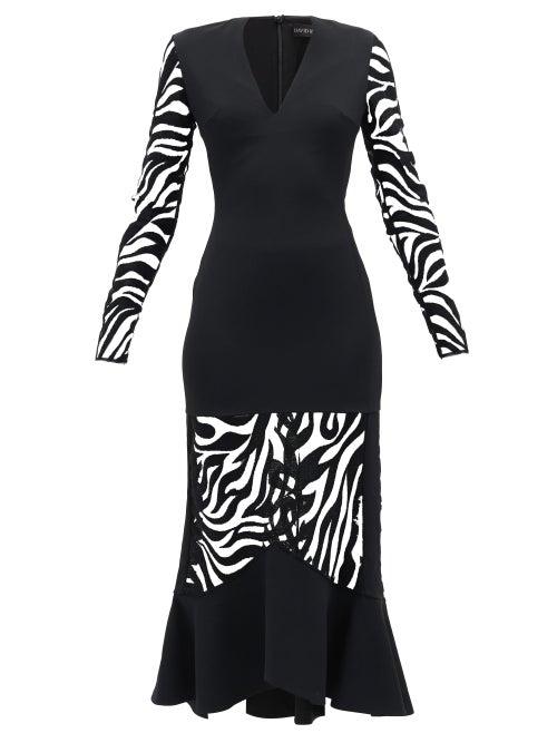 Matchesfashion.com David Koma - Zebra-embroidered V-neck Flared Dress - Womens - Black