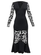 Matchesfashion.com David Koma - Zebra-embroidered V-neck Flared Dress - Womens - Black