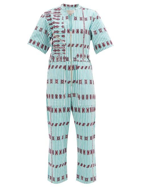 Matchesfashion.com Pippa Holt - Embroidered Striped Cotton Jumpsuit - Womens - Blue Print