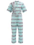 Matchesfashion.com Pippa Holt - Embroidered Striped Cotton Jumpsuit - Womens - Blue Print
