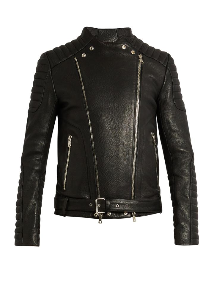 Balmain Collarless Grained-leather Biker Jacket