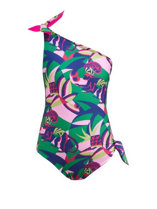 Matchesfashion.com La Doublej - Goddess Tom Tom Blu Print One Shoulder Swimsuit - Womens - Green Print