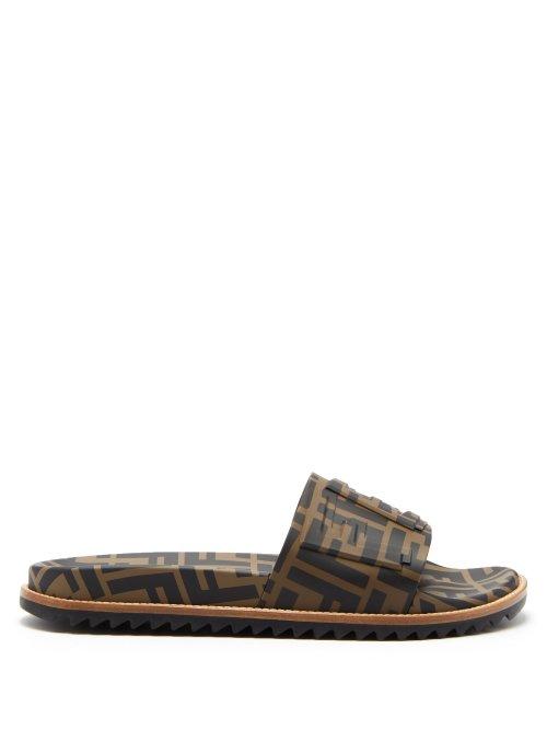 Matchesfashion.com Fendi - Logo Embellished Rubber Slides - Mens - Brown
