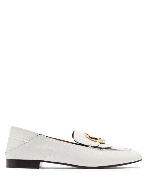 Matchesfashion.com Chlo - Crocodile Effect Collapsible Heel Leather Loafers - Womens - White