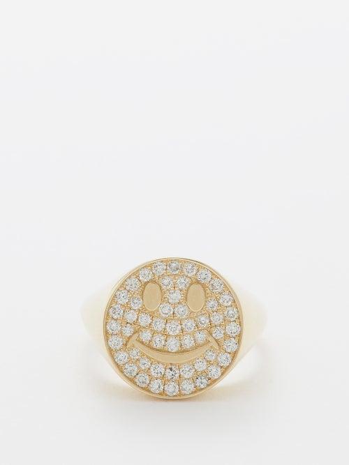 Roxanne First - Smiley Diamond & 14kt Gold Signet Ring - Womens - Gold Multi