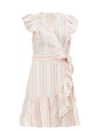 Matchesfashion.com Rebecca Taylor - Ruffled Striped Linen Mini Wrap Dress - Womens - Cream Multi