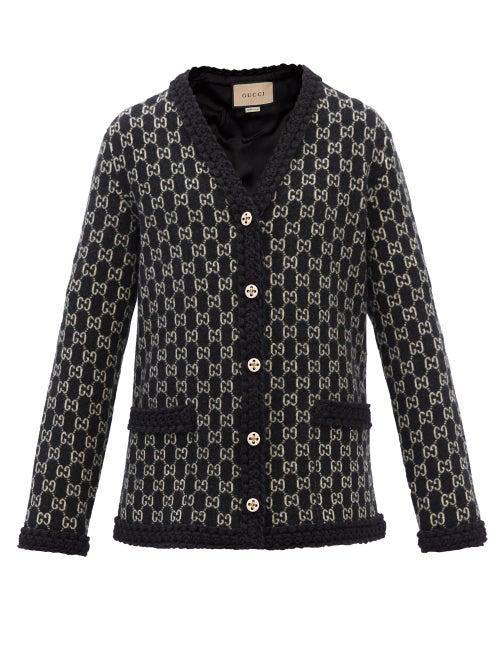 Gucci - Gg-jacquard Wool Cardigan - Womens - Black White