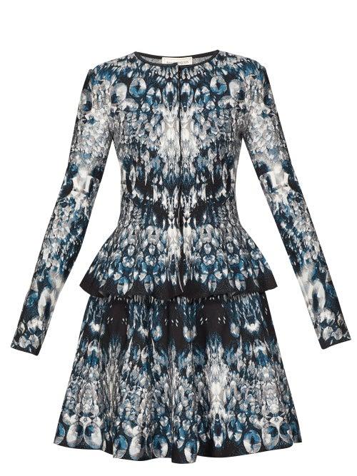 Matchesfashion.com Alexander Mcqueen - Crystal Jacquard Peplum Hem Cardigan - Womens - Blue Multi
