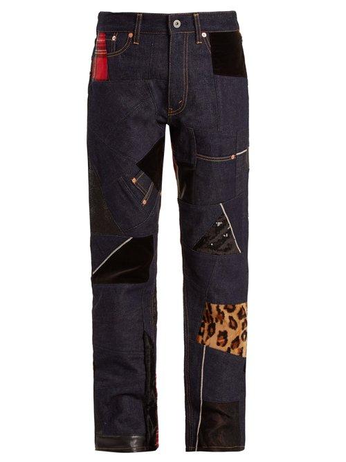 Matchesfashion.com Junya Watanabe - Straight Leg Contrast Panel Cotton Denim Jeans - Womens - Indigo