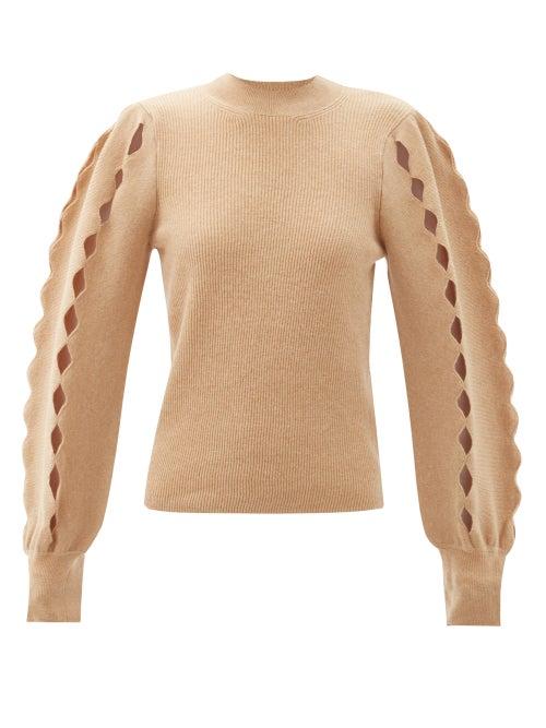 Matchesfashion.com Chlo - Scalloped-edge Cutout Wool-blend Sweater - Womens - Camel