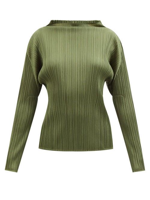 Pleats Please Issey Miyake - Boat-neck Technical-pleated Top - Womens - Khaki