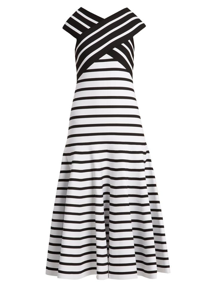 Carolina Herrera V-neck Flared-skirt Striped Dress