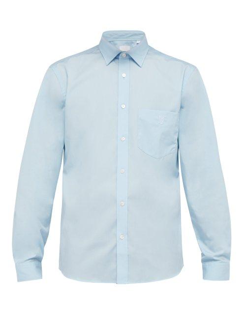 Matchesfashion.com Burberry - Logo Embroidered Stretch Cotton Poplin Shirt - Mens - Blue