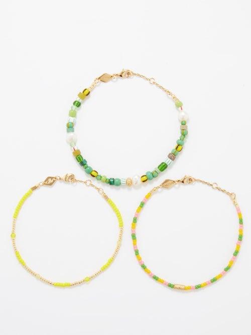 Anni Lu - Set Of Three Surf Rider 18kt Gold-plated Bracelets - Womens - Green Multi