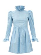 Matchesfashion.com Batsheva - High-neck Floral-print Cotton Mini Dress - Womens - Blue
