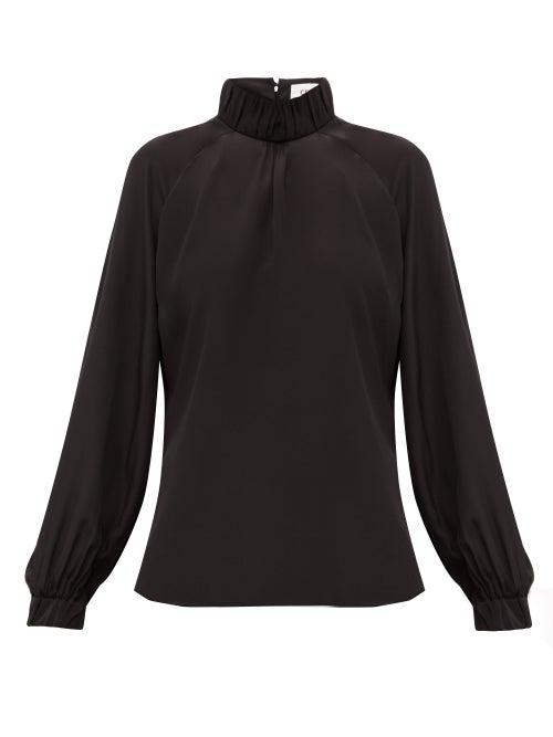 Matchesfashion.com Cefinn - Gathered High Neck Silk Crepe De Chine Blouse - Womens - Black