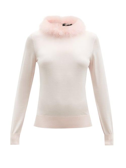 Matchesfashion.com Dolce & Gabbana - Feather-trimmed Silk Sweater - Womens - Light Pink