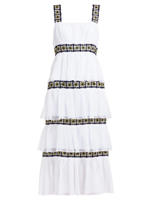 Matchesfashion.com Carolina Herrera - Floral Beaded Tiered Silk Chiffon Midi Dress - Womens - White Black