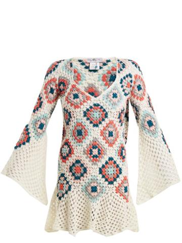 Matchesfashion.com My Beachy Side - Bisou V Neck Crochet Knit Cotton Mini Dress - Womens - White Multi