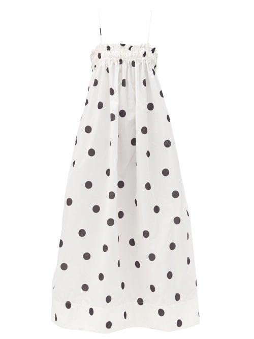 Matchesfashion.com Ganni - Shirred Polka-dot Shell Midi Dress - Womens - White Multi