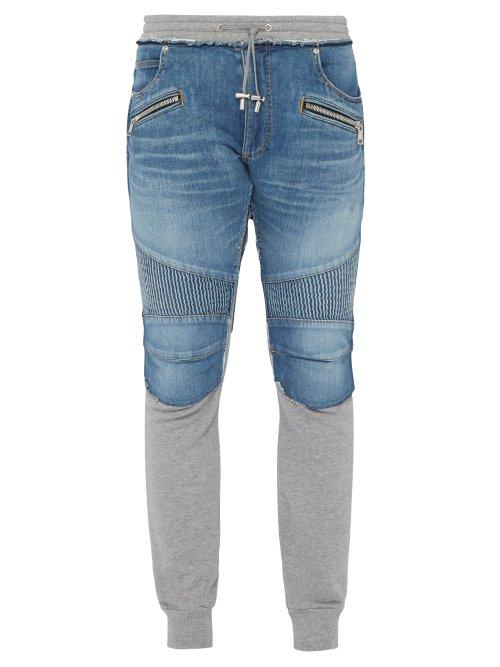 Matchesfashion.com Balmain - Slim Fit Denim And Jersey Biker Sweat Pants - Mens - Light Blue