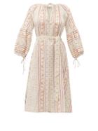Matchesfashion.com D'ascoli - Devon Tie Waist Striped Floral Print Cotton Dress - Womens - Yellow