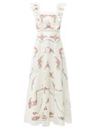 Matchesfashion.com Zimmermann - Allia Floral Cross Stitch Linen Blend Midi Dress - Womens - White
