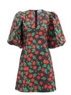 Matchesfashion.com Ganni - Rose-print V-neck Cotton Mini Dress - Womens - Black Multi