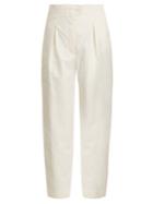 Anna October High-rise Pleated Coated Linen-blend Trousers