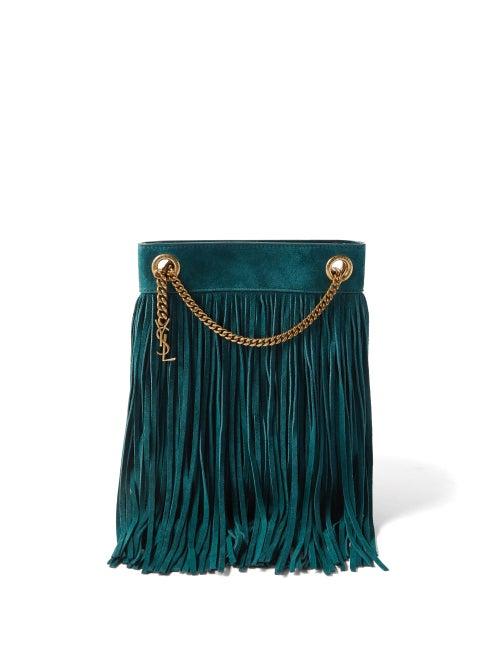 Saint Laurent - Grace Fringed Suede Shoulder Bag - Womens - Dark Blue