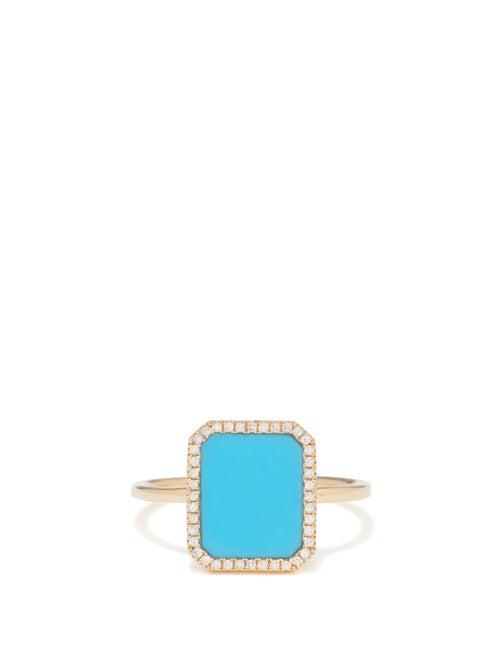 Persee - Octagon Diamond, Turquoise & 18kt Gold Ring - Womens - Yellow Gold