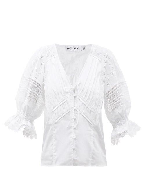 Ladies Rtw Self-portrait - Puffed-sleeve Broderie-anglaise Cotton-poplin Top - Womens - White