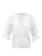Ladies Rtw Self-portrait - Puffed-sleeve Broderie-anglaise Cotton-poplin Top - Womens - White