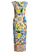 Matchesfashion.com Dolce & Gabbana - Majolica Print Charmeuse Boat Neck Dress - Womens - White Print