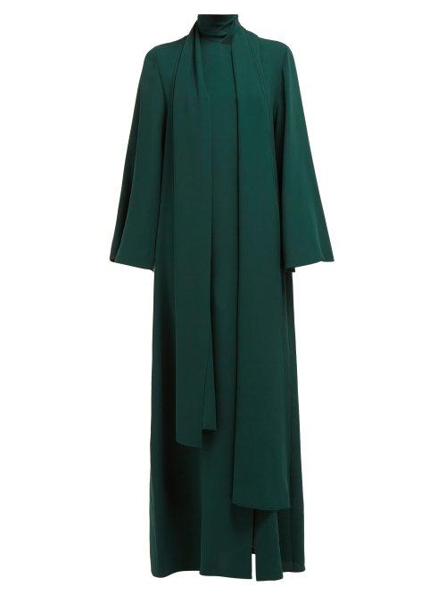 Matchesfashion.com Carolina Herrera - Tie Neck Flared Sleeve Silk Gown - Womens - Green
