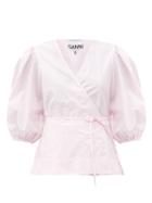 Matchesfashion.com Ganni - Blouson-sleeve Cotton-poplin Wrap Top - Womens - Light Pink