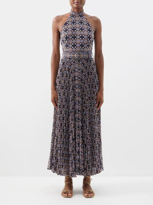 Zimmermann - Sunray Picnic Halterneck Belted Maxi Dress - Womens - Navy Multi