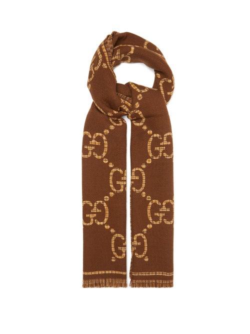 Gucci - Logo-jacquard Wool-twill Scarf - Mens - Brown Beige