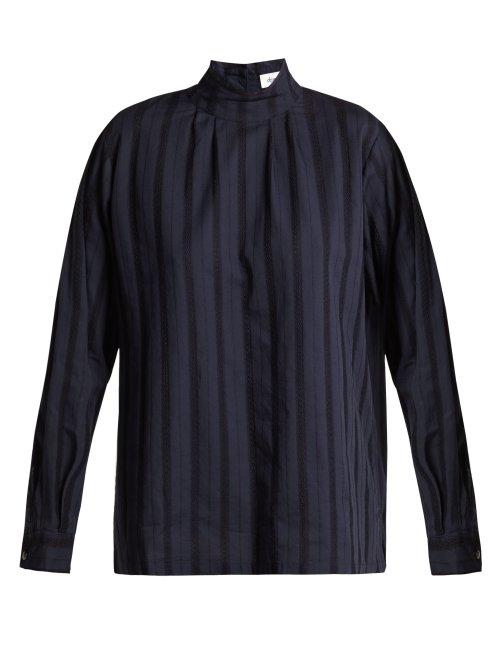 Matchesfashion.com Chimala - Leno High Neck Lace Insert Cotton Blouse - Womens - Navy