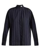 Matchesfashion.com Chimala - Leno High Neck Lace Insert Cotton Blouse - Womens - Navy