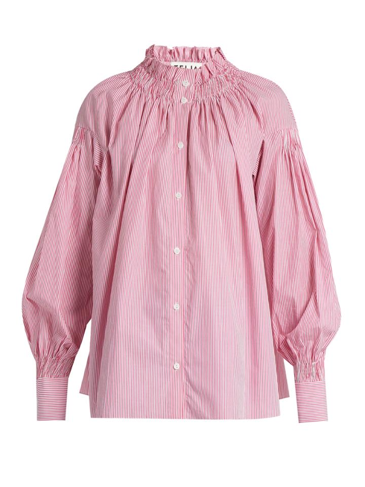 Teija High-neck Smocked Striped Cotton Shirt